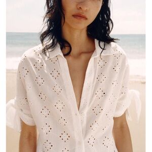 Zara White Eyelet Button Up Collared Blouse NWT